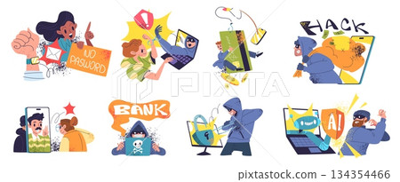 People internet scam. Hacker fraud cyber security crime, phone call scammer online phishing data digital money thief ai deepfake cybersecurity cheat, classy vector illustration 134354466