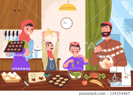 Muslim family cooking. Arab people cook food together on dining table kitchen interior, islamic ramadan meal arabic mother father parents with children, classy vector illustration 134354467