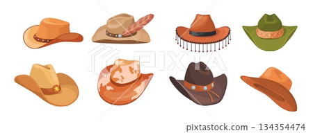 Cartoon cowboy hats. Western cowboys hat, wild west traditional american headgears cowgirl leather vintage texas fashion headwear sheriff cap, rodeo ranch neat vector illustration 134354474