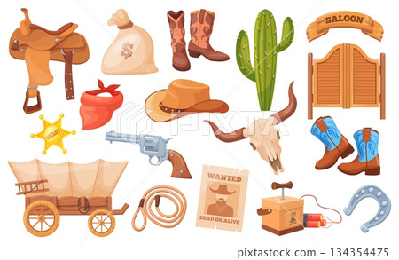 Cartoon western elements. Wild west set, cowboy hat boots bar wooden door saddle for horse sheriff badge texas ranch rodeo mexican country cactus skull, neat vector illustration 134354475