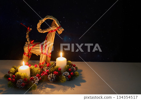 Julbock Christmas Straw Goat and Candles 134354517