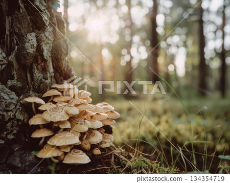 Luminous mushrooms cluster at the base of a tree in a sun-drenched forest, an enchanting scene of nature's resilience and beauty. 134354719