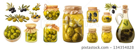 Olives cartoon set. Olive green black, glass jar oil fruit berry branch preserves snack vector illustration 134354828