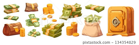 Money cartoon set. Coins green bills bag orange safe, stack banknotes capital bank wealth accumulation cash Vector illustration 134354829