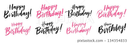 Happy Birthday text. Handwritten black pink font congratulations birthday, calligraphy manuscript card design letter ink brush drawing vector illustration Happy Birthday text. Handwritten black pink font congratulations birthday, calligraphy manuscript card design letter ink brush drawing vector illustration 134354833
