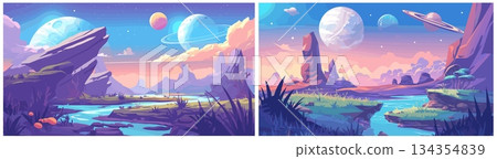 Fantasy planet landscapes cartoon. Fairytale world background set, rock river mushrooms space alien fictional landscape vector illustration 134354839