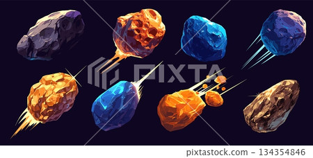 Comets cartoon set. Comet, blue yellow black asteroid space stone meteorite flame tail vector illustration 134354846