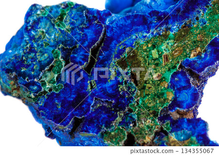 Macro mineral stone malachite with azurite on white background 134355067