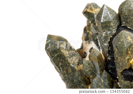 Macro mineral stone Quartz Hedenbergite Prase on ilvite on a white background 134355082