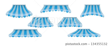 Blue and white striped awning for shop or cafe. Marketplace tent roof and outdoor canopy for retail, restaurant or fair. Vector illustration. 134355132