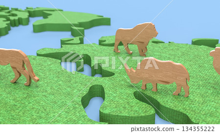 Wooden Wildlife Figures on Green Map Concept Background 3d render. Wooden Wildlife Figures on Green Map Concept Background 3d render. 134355222