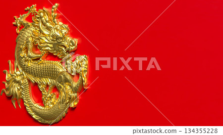 Golden Chinese Dragon Emblem on Red Background 3d render. 134355228