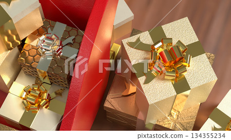 Luxury Holiday Gift Boxes in Festive Display 3d render. Luxury Holiday Gift Boxes in Festive Display 3d render. 134355234