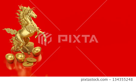 Golden Rearing Horse with Chinese Wealth Symbols on Red 3d render. Golden Rearing Horse with Chinese Wealth Symbols on Red 3d render. 134355248