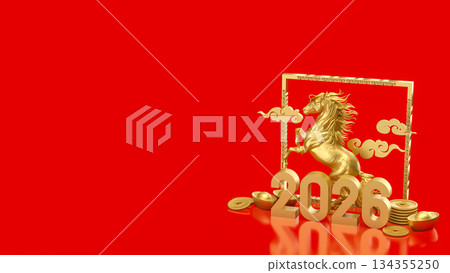 Golden Rearing Horse with 2026 Lunar New Year Elements 3d render. 134355250