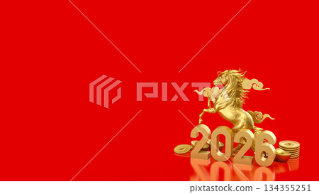 Golden Horse and 2026 Lunar New Year Prosperity Scene 3d render. Golden Horse and 2026 Lunar New Year Prosperity Scene 3d render. 134355251