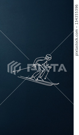 A dynamic minimalist white line illustration portrays a person actively skiing downhill with poles and goggles against a textured dark blue backdrop. 134355396