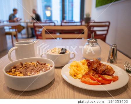 [Germany] A breakfast buffet including cereals at a hotel near Berlin Brandenburg International Airport 134355403