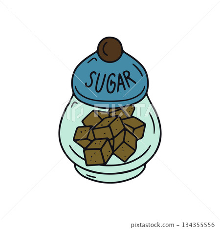 Hand drawn hygge doodle glass jar with brown sugar cubes icon clipart vector illustration 134355556