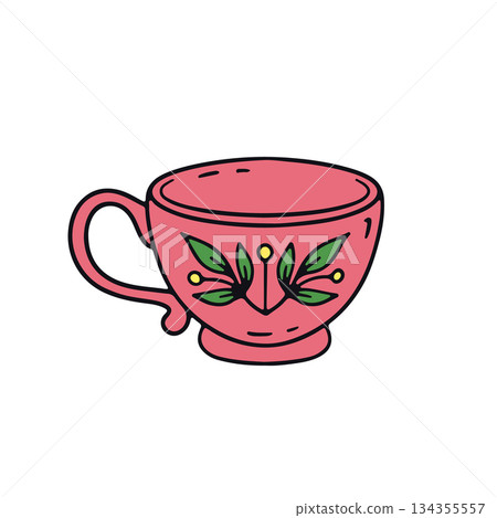 Hand drawn hygge doodle ceramic coffee cup icon vector illustration. Cozy home decor clipart 134355557