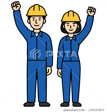 一幅插圖,描繪了一男一女身穿藍色工作服、頭戴安全帽,並舉拳慶祝。展現正向的工作氛圍。 一幅插圖,描繪了一男一女身穿藍色工作服、頭戴安全帽,並舉拳慶祝。展現正向的工作氛圍。 134355657