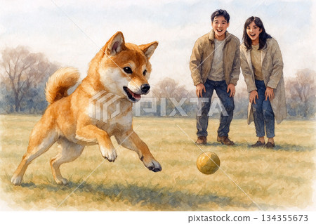 一對日本夫婦和一隻小柴犬在冬日的草地上隨意地跳躍著。 134355673