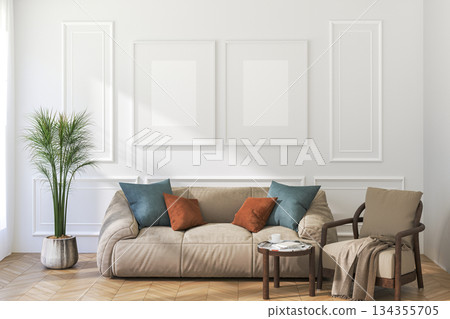 3D Render of Two White Frames Above Sofa on Light Wall in Modern Interior 3D Render of Two White Frames Above Sofa on Light Wall in Modern Interior 134355705