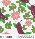 Seamless repeating pattern with cute smiling caterpillars, flowers, and leaves in soft pastel colors. Perfect for kids textiles, nursery decor, fabric, wallpaper, and wrapping paper. 134355823