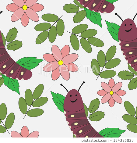 Seamless repeating pattern with cute smiling caterpillars, flowers, and leaves in soft pastel colors. Perfect for kids textiles, nursery decor, fabric, wallpaper, and wrapping paper. 134355823