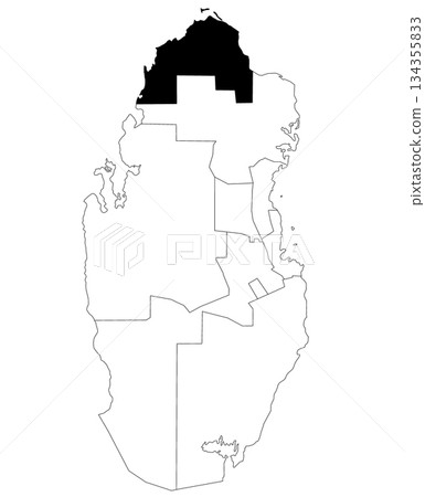 Map of al shamal municipality in Qatar country on white background. single municipality map highlighted by black colour on Qatar map. 134355833