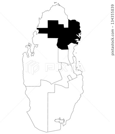 Map of al khor municipality in Qatar country on white background. single municipality map highlighted by black colour on Qatar map. 134355839