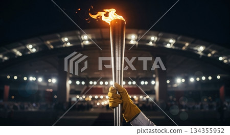 A gloved hand firmly holds a brightly burning ceremonial torch, illuminating the dark stadium environment during a grand nighttime sports event. 134355952