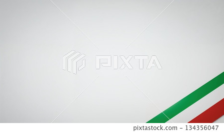 A clean white background features three diagonal stripes in green, white, and red colors positioned in the bottom right corner, offering ample copy space. 134356047