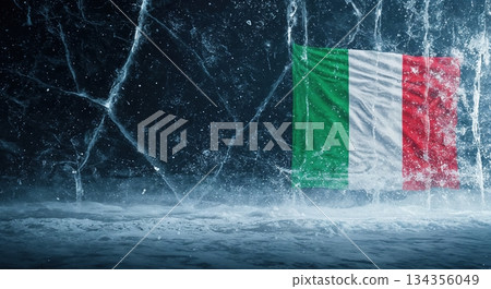 The national flag of Italy is dramatically encased within a dynamic frozen ice wall, with water splashing around it under cold blue lighting in a dark, textured environment. 134356049