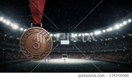 A bronze medal with the number three hangs prominently in the foreground against a dramatically lit, blurred stadium background with falling snow. A bronze medal with the number three hangs prominently in the foreground against a dramatically lit, blurred stadium background with falling snow. 134356066