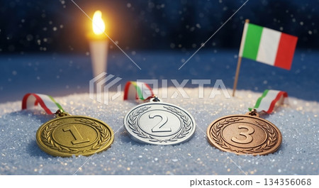 Gold, silver, and bronze medals with Italian flag ribbons rest on sparkling snow, illuminated by a glowing torch and a small national flag. 134356068