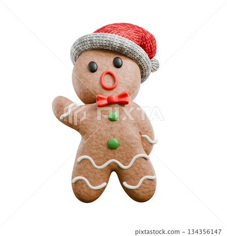 Gingerbread man singing wearing Santa hat 3D 134356147