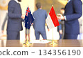 Australia and Indonesia trade dialogue with desk flags, 3D rendering 134356190