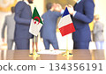 Algeria and France diplomatic desk flags during talks, 3D rendering 134356191