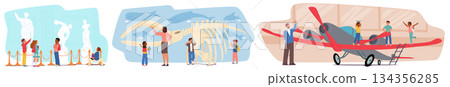 Teachers guiding school kids at excursion in museums and art galleries isolated cartoon scene set 134356285