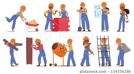 Cute children builders carton characters wearing workwear enjoying construction and building set 134356286