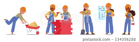 Children builders characters providing different stages of construction work isolated set on white Children builders characters providing different stages of construction work isolated set on white 134356288