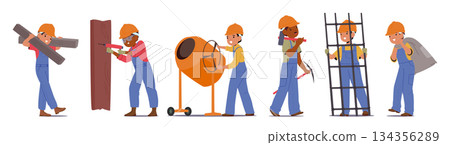 Cute children builders cartoon characters working at construction site isolated set on white 134356289