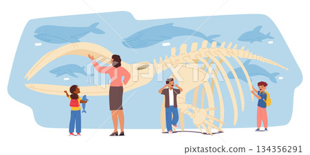 Teacher guiding school children at paleontological museum with prehistoric dinosaurs exhibit Teacher guiding school children at paleontological museum with prehistoric dinosaurs exhibit 134356291