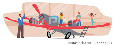 School teacher guiding children at museum of aviation with ancient aircraft exhibits cartoon scene 134356294