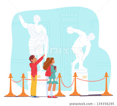 Boy and girl schoolchildren observing historical sculpture while visiting history museum scene 134356295