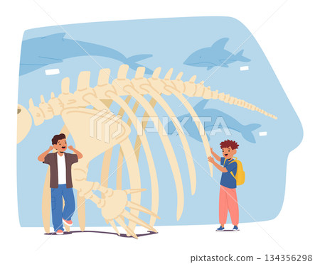 Curious little schoolchildren characters enjoying guided tour to oceanographic museum cartoon scene 134356298