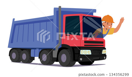 Cute boy child cartoon character in hard hat and uniform driving dump truck isolated on white 134356299