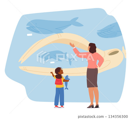 Teacher with schoolchild visiting oceanographic museum engaged in diverse science education 134356300