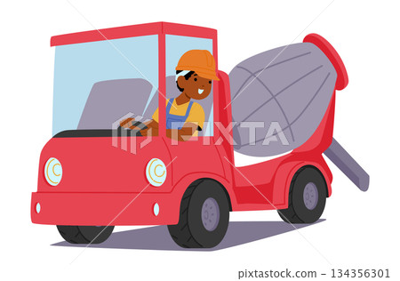 Cute little boy child cartoon character operating concrete mixer heavy machinery isolated on white 134356301